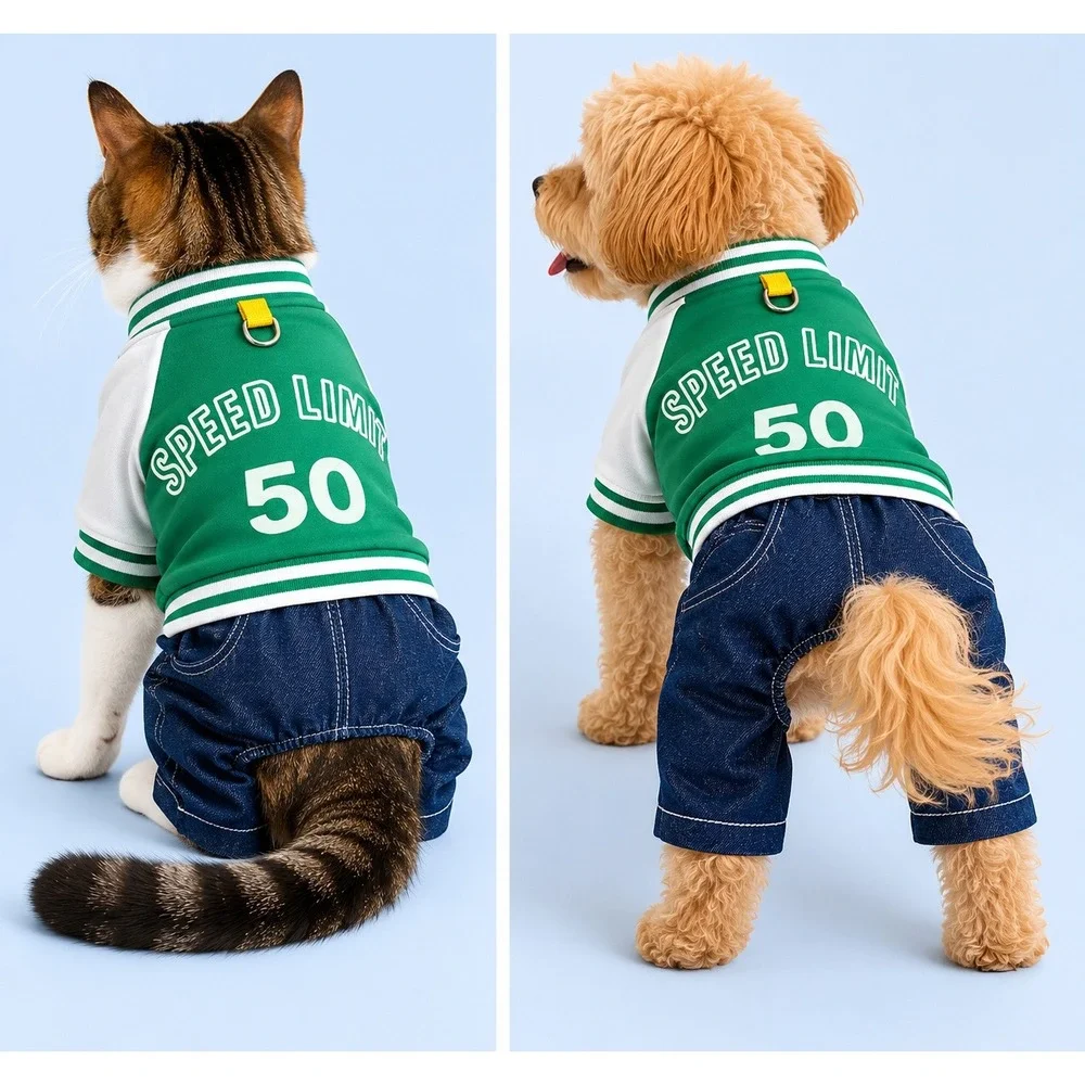 Green Varsity Jacket Denim Pet Jumpsuit Speed Limit 50 Dog Cat Clothes XL